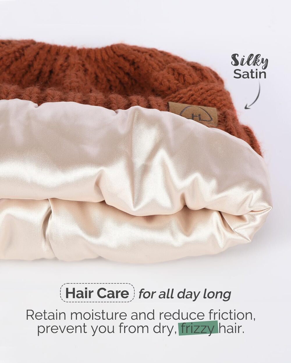 4121 Satin Lined Beanie Hat Silk Lined Winter Hat for Curly Hair Ponytail - Picture 2 of 7